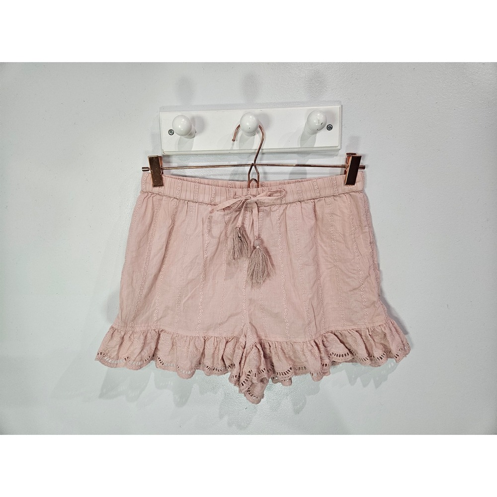 Shabby Chic Women Blush Pink Eyelet Ruffle Shorts Tassel Drawstring S Cotton